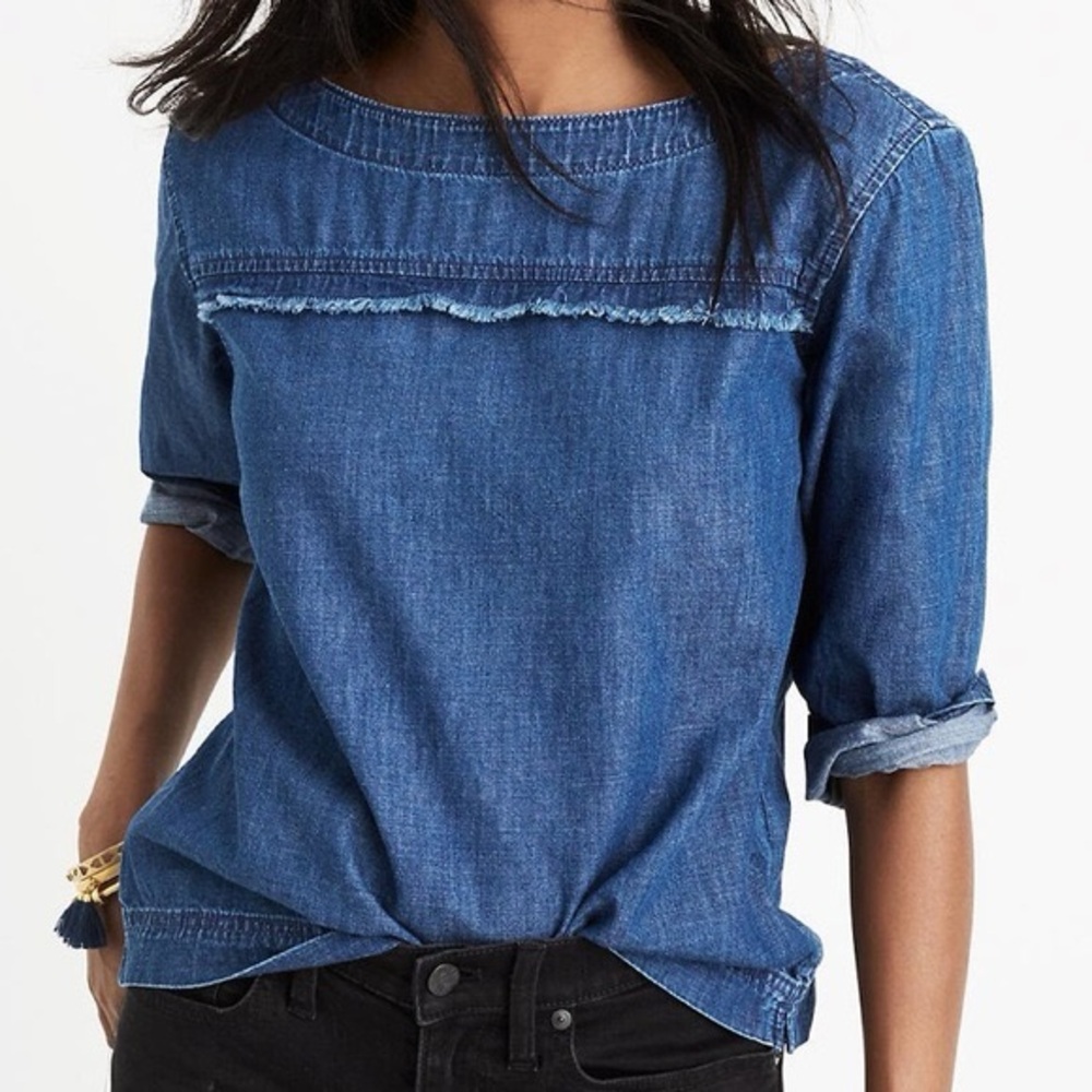 Madewell Denim Herald Tee Fringe Chambray Top Blue Small